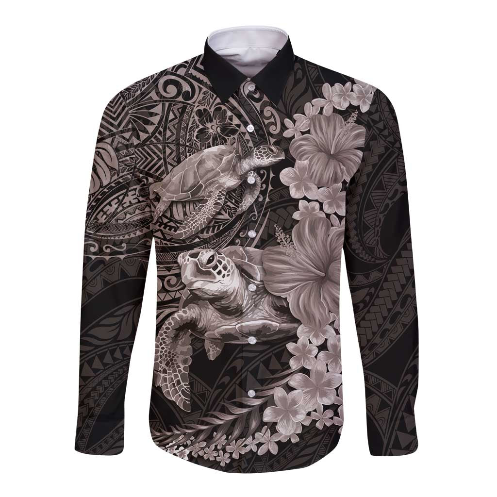 Hawaiian Plumeria and Hibiscus with Turtles Long Sleeve Button Shirt Polynesian Art Grayscale - Polynesian Pride