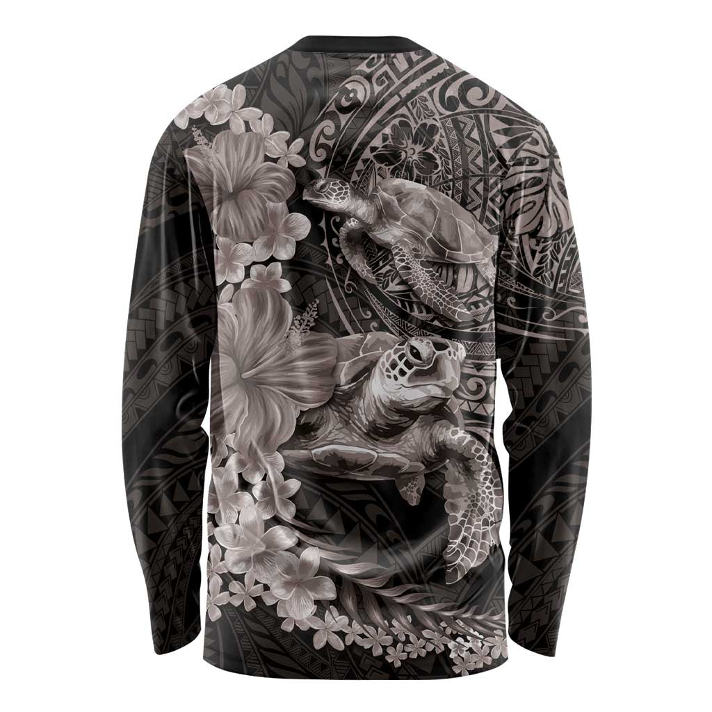 Hawaiian Plumeria and Hibiscus with Turtles Long Sleeve Shirt Polynesian Art Grayscale - Polynesian Pride
