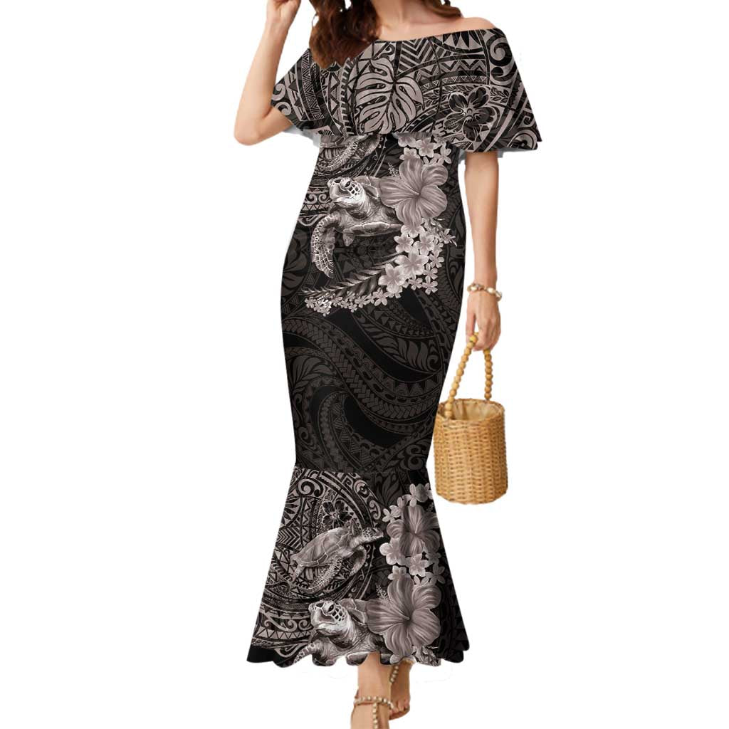 Hawaiian Plumeria and Hibiscus with Turtles Mermaid Dress Polynesian Art Grayscale - Polynesian Pride