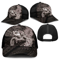Hawaiian Plumeria and Hibiscus with Turtles Mesh Trucker Cap Polynesian Art Grayscale - Polynesian Pride