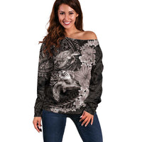 Hawaiian Plumeria and Hibiscus with Turtles Off Shoulder Sweater Polynesian Art Grayscale - Polynesian Pride