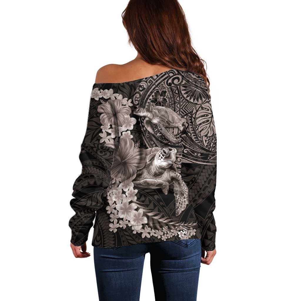 Hawaiian Plumeria and Hibiscus with Turtles Off Shoulder Sweater Polynesian Art Grayscale - Polynesian Pride