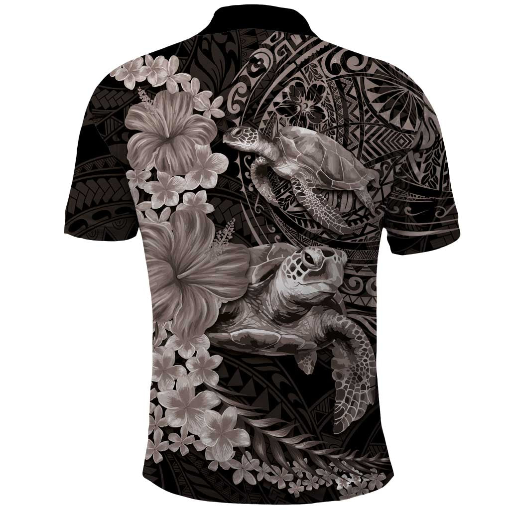 Hawaiian Plumeria and Hibiscus with Turtles Polo Shirt Polynesian Art Grayscale - Polynesian Pride
