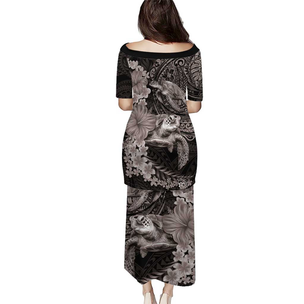 Hawaiian Plumeria and Hibiscus with Turtles Puletasi Polynesian Art Grayscale - Polynesian Pride