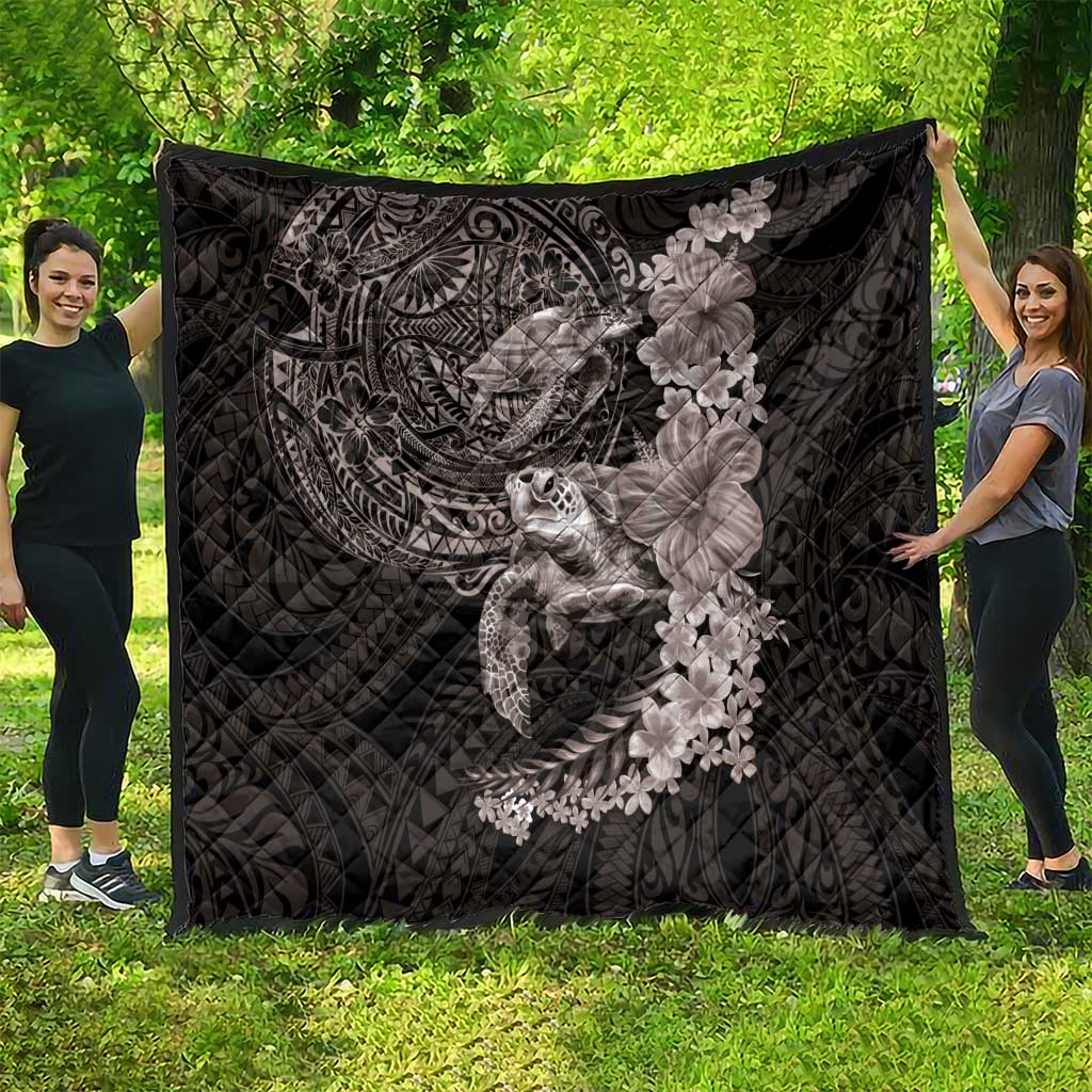 Hawaiian Plumeria and Hibiscus with Turtles Quilt Polynesian Art Grayscale - Polynesian Pride