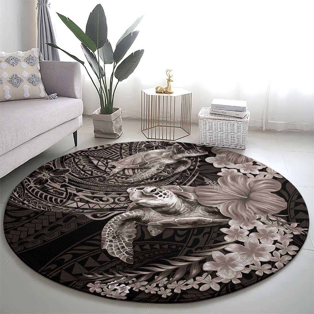 Hawaiian Plumeria and Hibiscus with Turtles Round Carpet Polynesian Art Grayscale - Polynesian Pride