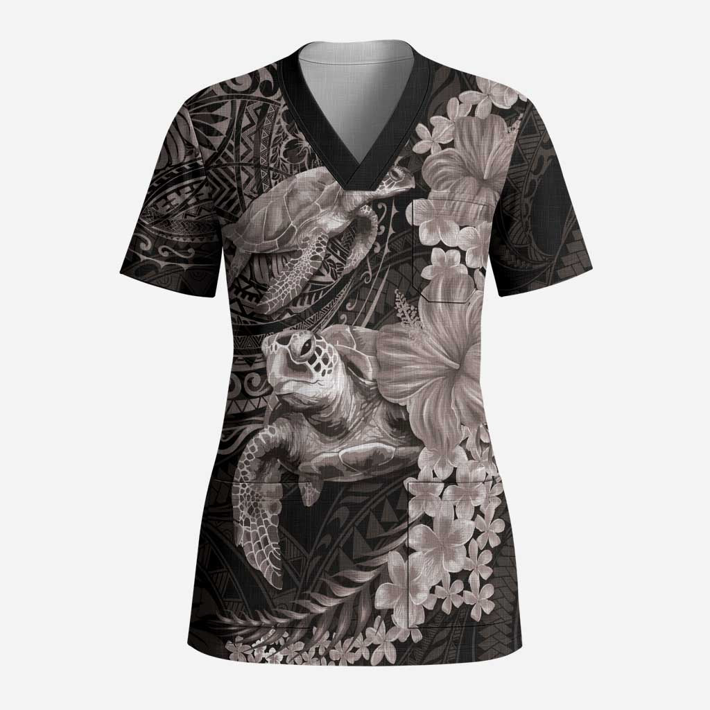 Hawaiian Plumeria and Hibiscus with Turtles Scrub Top Polynesian Art Grayscale - Polynesian Pride