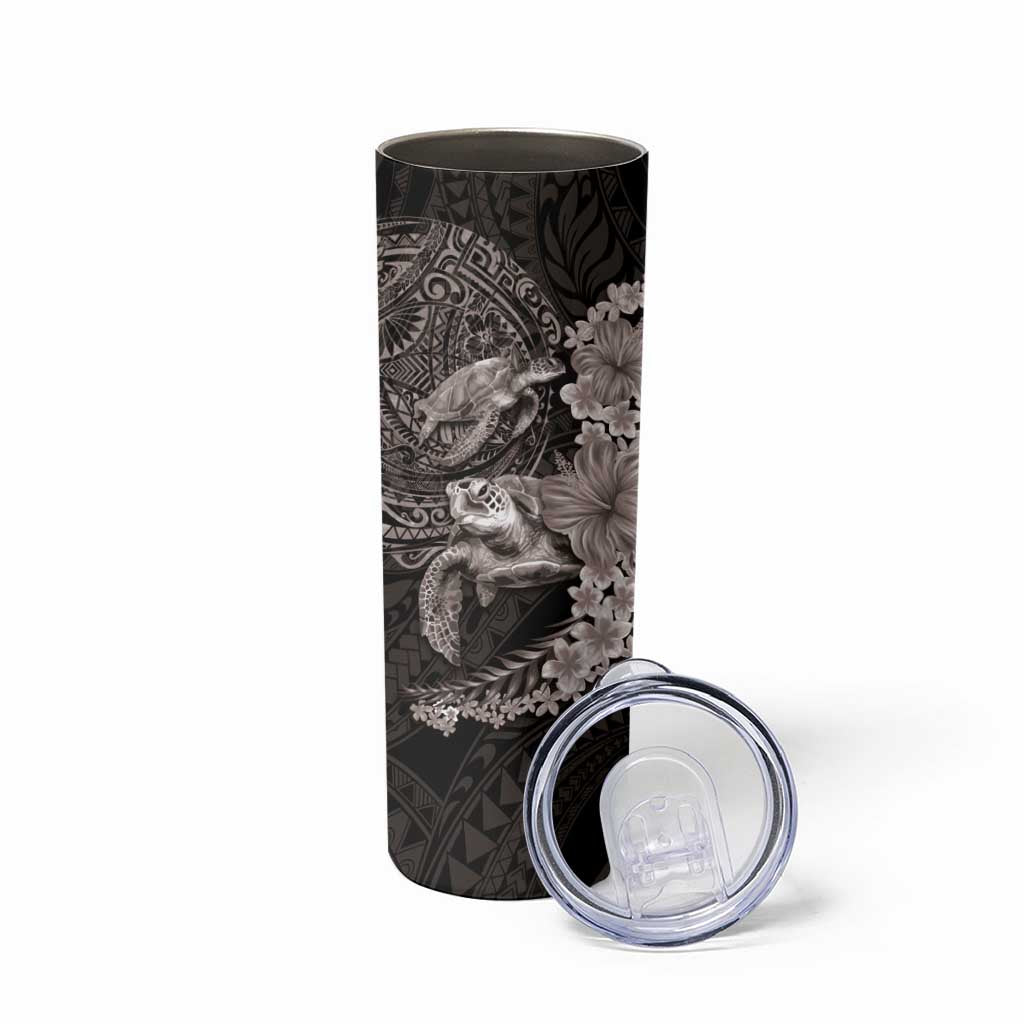 Hawaiian Plumeria and Hibiscus with Turtles Skinny Tumbler Polynesian Art Grayscale - Polynesian Pride