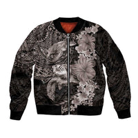 Hawaiian Plumeria and Hibiscus with Turtles Sleeve Zip Bomber Jacket Polynesian Art Grayscale - Polynesian Pride