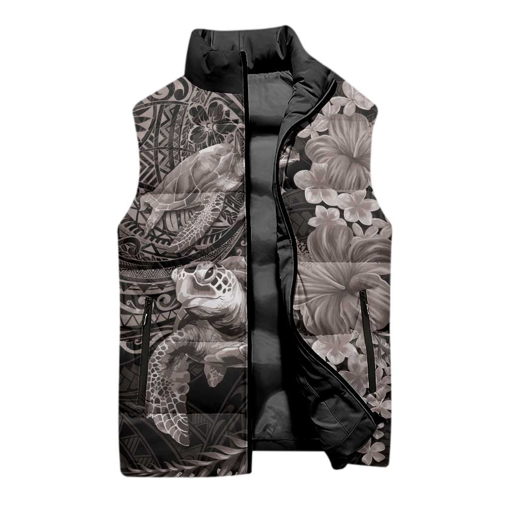 Hawaiian Plumeria and Hibiscus with Turtles Sleeveless Puffer Jacket Polynesian Art Grayscale - Polynesian Pride