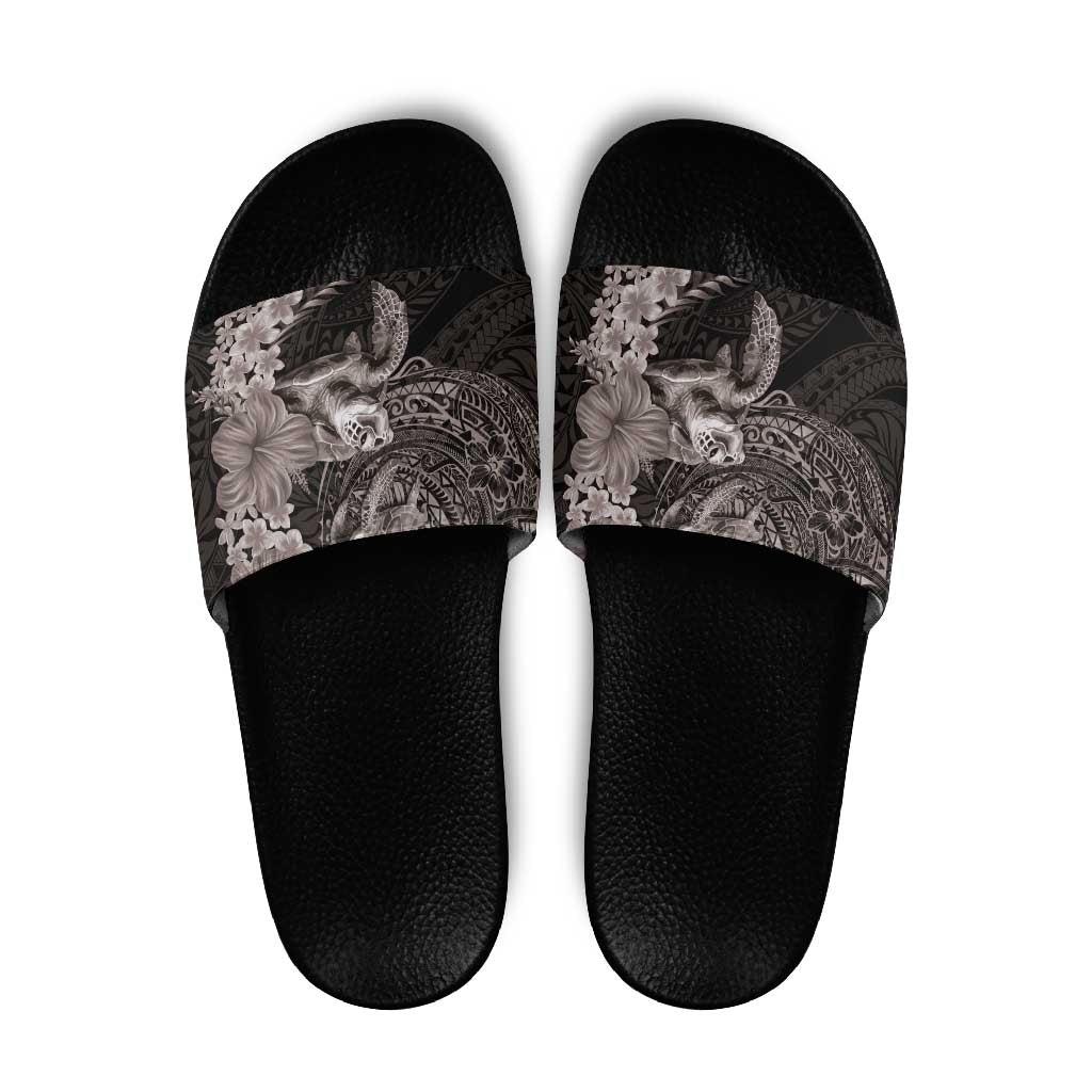 Hawaiian Plumeria and Hibiscus with Turtles Slide Sandals Polynesian Art Grayscale - Polynesian Pride
