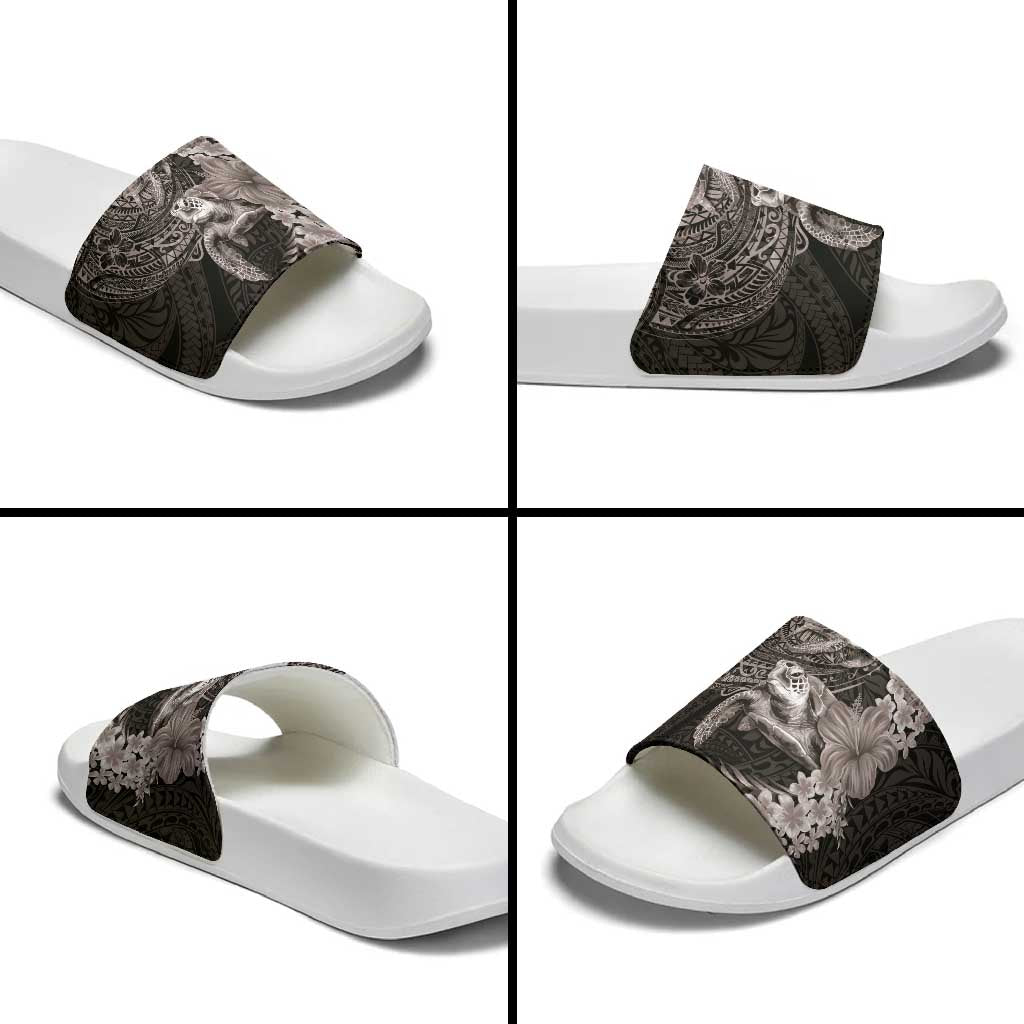 Hawaiian Plumeria and Hibiscus with Turtles Slide Sandals Polynesian Art Grayscale - Polynesian Pride