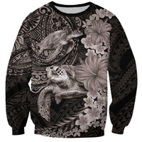 Hawaiian Plumeria and Hibiscus with Turtles Sweatshirt Polynesian Art Grayscale - Polynesian Pride