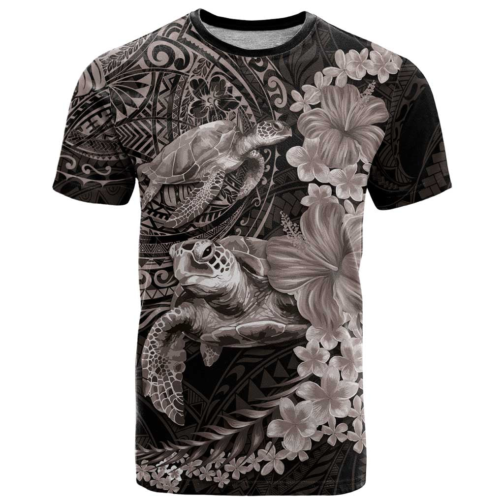 Hawaiian Plumeria and Hibiscus with Turtles T Shirt Polynesian Art Grayscale - Polynesian Pride