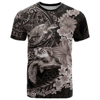 Hawaiian Plumeria and Hibiscus with Turtles T Shirt Polynesian Art Grayscale - Polynesian Pride