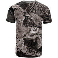 Hawaiian Plumeria and Hibiscus with Turtles T Shirt Polynesian Art Grayscale - Polynesian Pride