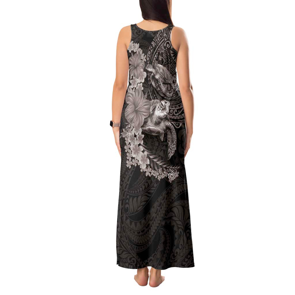 Hawaiian Plumeria and Hibiscus with Turtles Tank Maxi Dress Polynesian Art Grayscale - Polynesian Pride