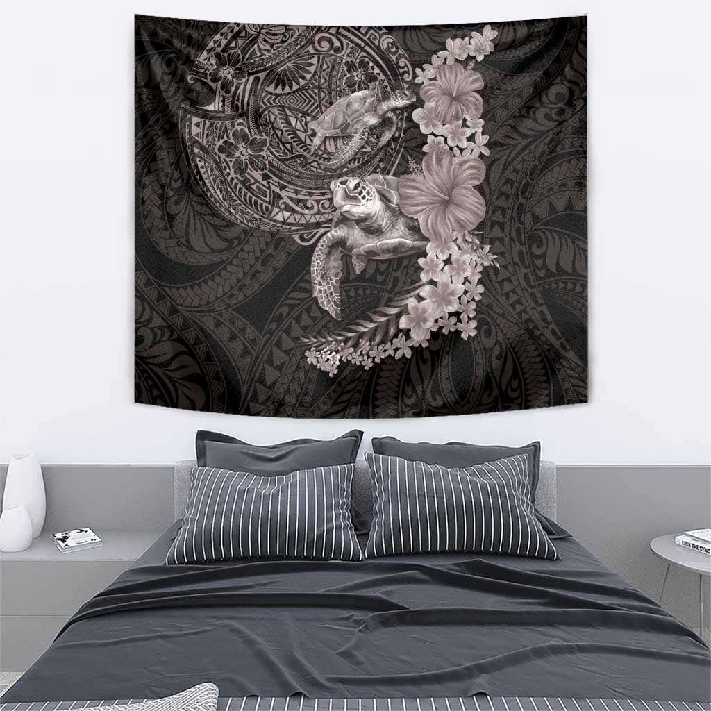 Hawaiian Plumeria and Hibiscus with Turtles Tapestry Polynesian Art Grayscale - Polynesian Pride