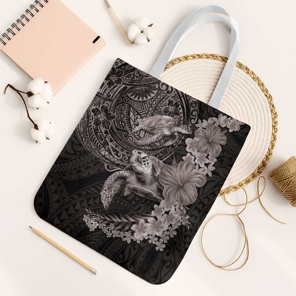 Hawaiian Plumeria and Hibiscus with Turtles Tote Bag Polynesian Art Grayscale - Polynesian Pride