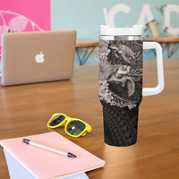Hawaiian Plumeria and Hibiscus with Turtles Tumbler With Handle Polynesian Art Grayscale - Polynesian Pride