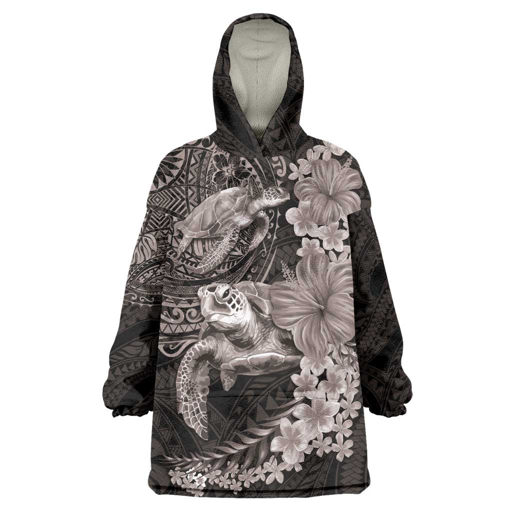 Hawaiian Plumeria and Hibiscus with Turtles Wearable Blanket Hoodie Polynesian Art Grayscale - Polynesian Pride