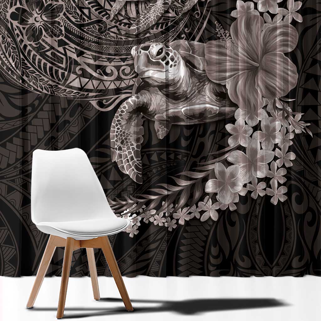 Hawaiian Plumeria and Hibiscus with Turtles Window Curtain Polynesian Art Grayscale - Polynesian Pride