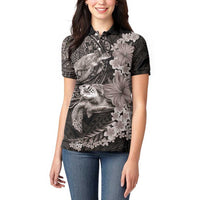 Hawaiian Plumeria and Hibiscus with Turtles Women Polo Shirt Polynesian Art Grayscale - Polynesian Pride