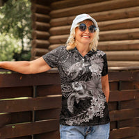 Hawaiian Plumeria and Hibiscus with Turtles Women Polo Shirt Polynesian Art Grayscale - Polynesian Pride