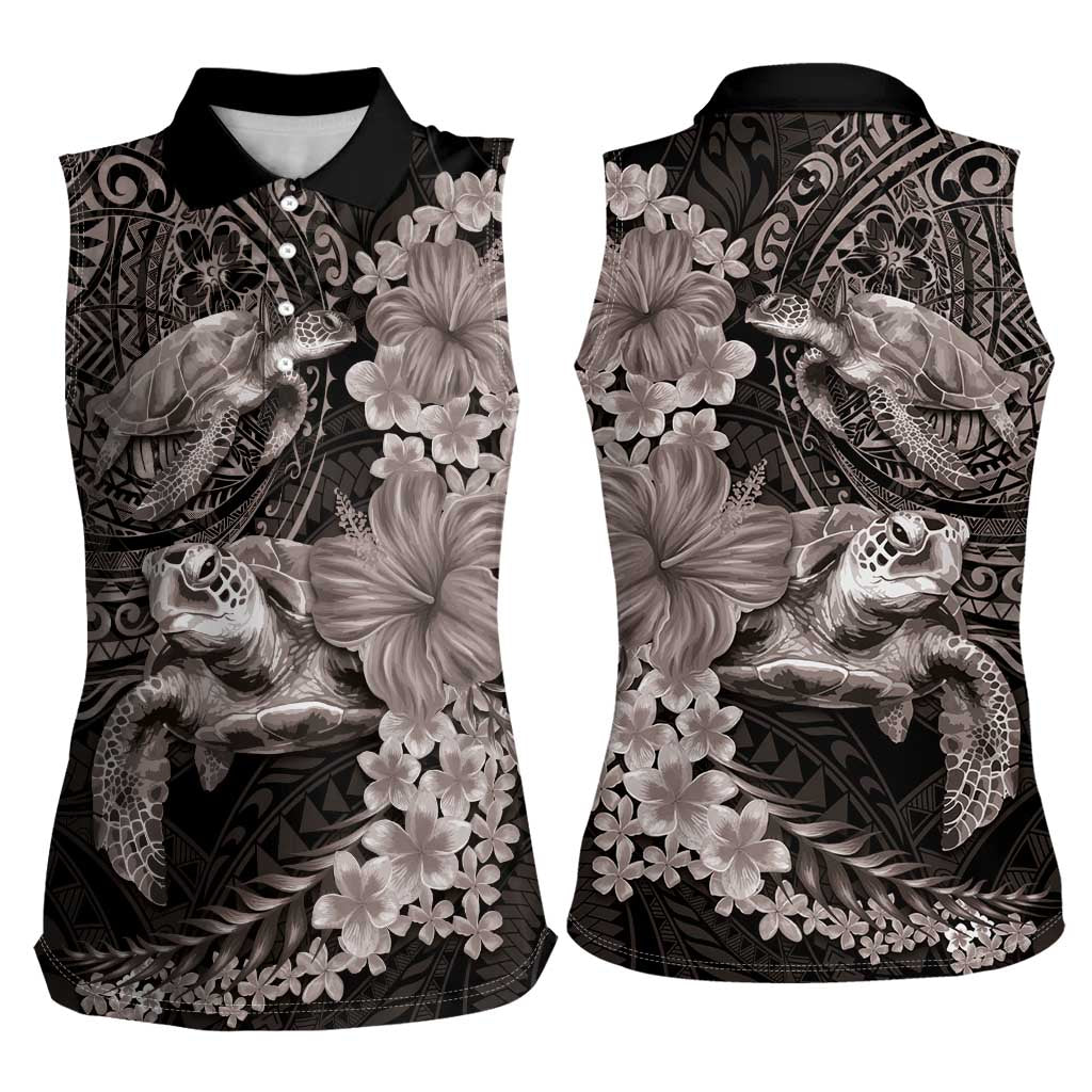 Hawaiian Plumeria and Hibiscus with Turtles Women Sleeveless Polo Shirt Polynesian Art Grayscale - Polynesian Pride