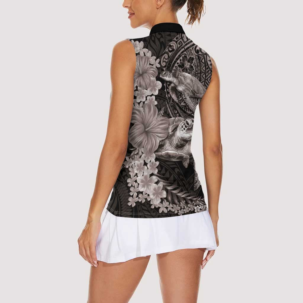 Hawaiian Plumeria and Hibiscus with Turtles Women Sleeveless Polo Shirt Polynesian Art Grayscale - Polynesian Pride