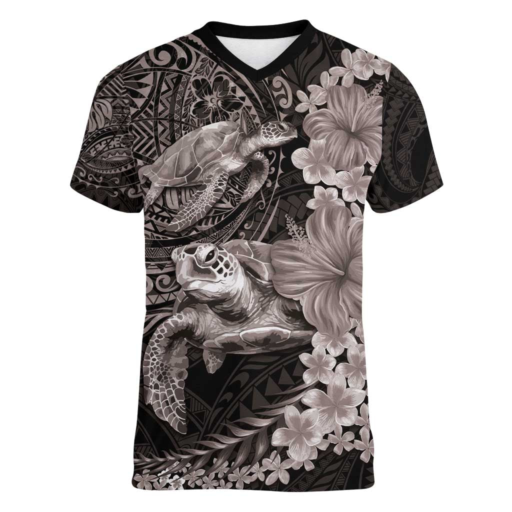 Hawaiian Plumeria and Hibiscus with Turtles Women V-Neck T-Shirt Polynesian Art Grayscale - Polynesian Pride