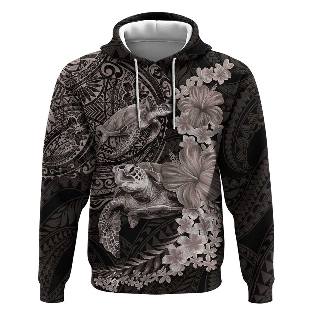 Hawaiian Plumeria and Hibiscus with Turtles Zip Hoodie Polynesian Art Grayscale - Polynesian Pride