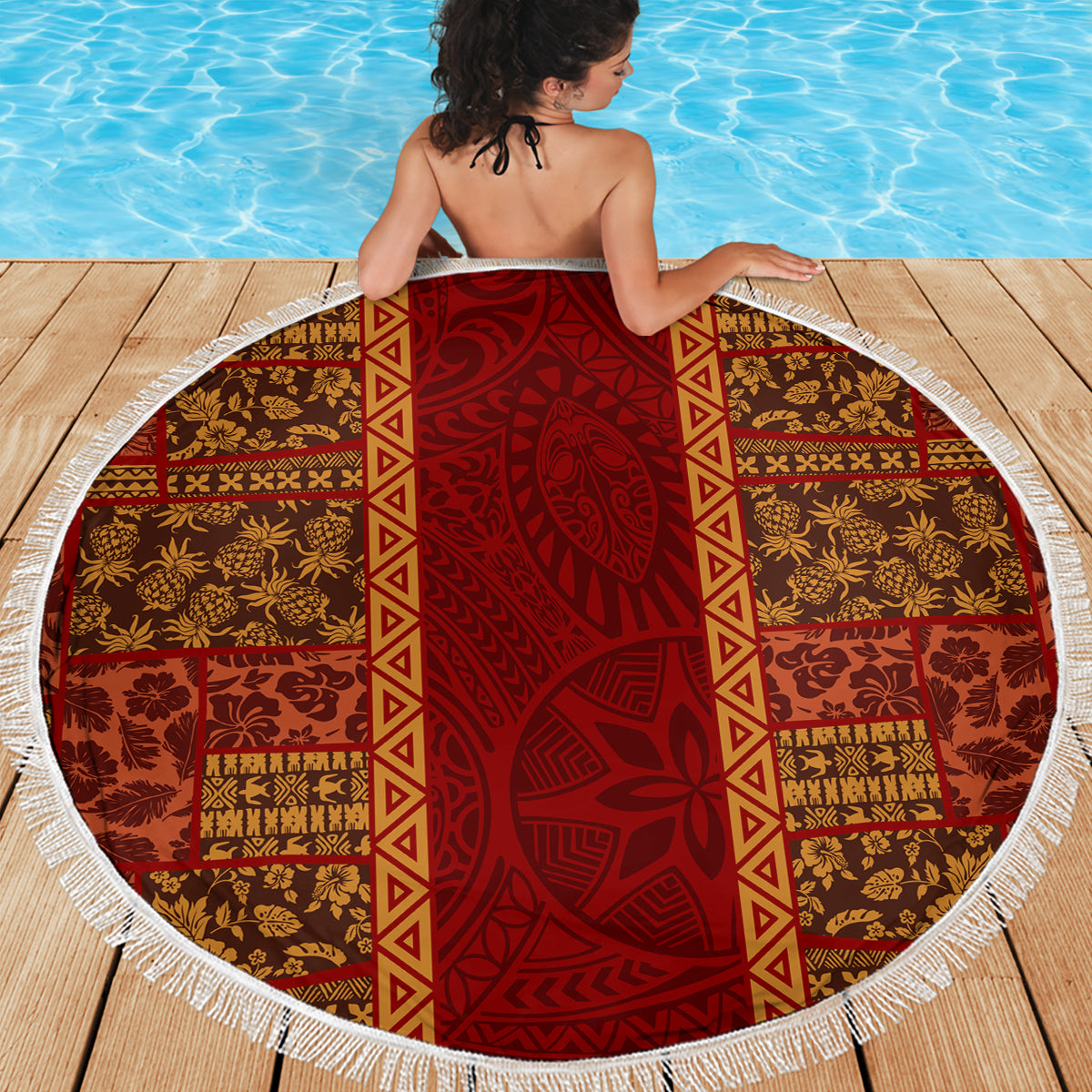 Hawaii Style Hibiscus and Tribal Element Fabric Patchwork Beach Blanket LT03 - Polynesian Pride