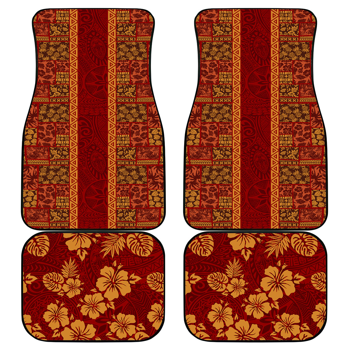 Hawaii Style Hibiscus and Tribal Element Fabric Patchwork Car Mats LT03 Red - Polynesian Pride