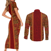 Hawaii Style Hibiscus and Tribal Element Fabric Patchwork Couples Matching Short Sleeve Bodycon Dress and Long Sleeve Button Shirt LT03 - Polynesian Pride