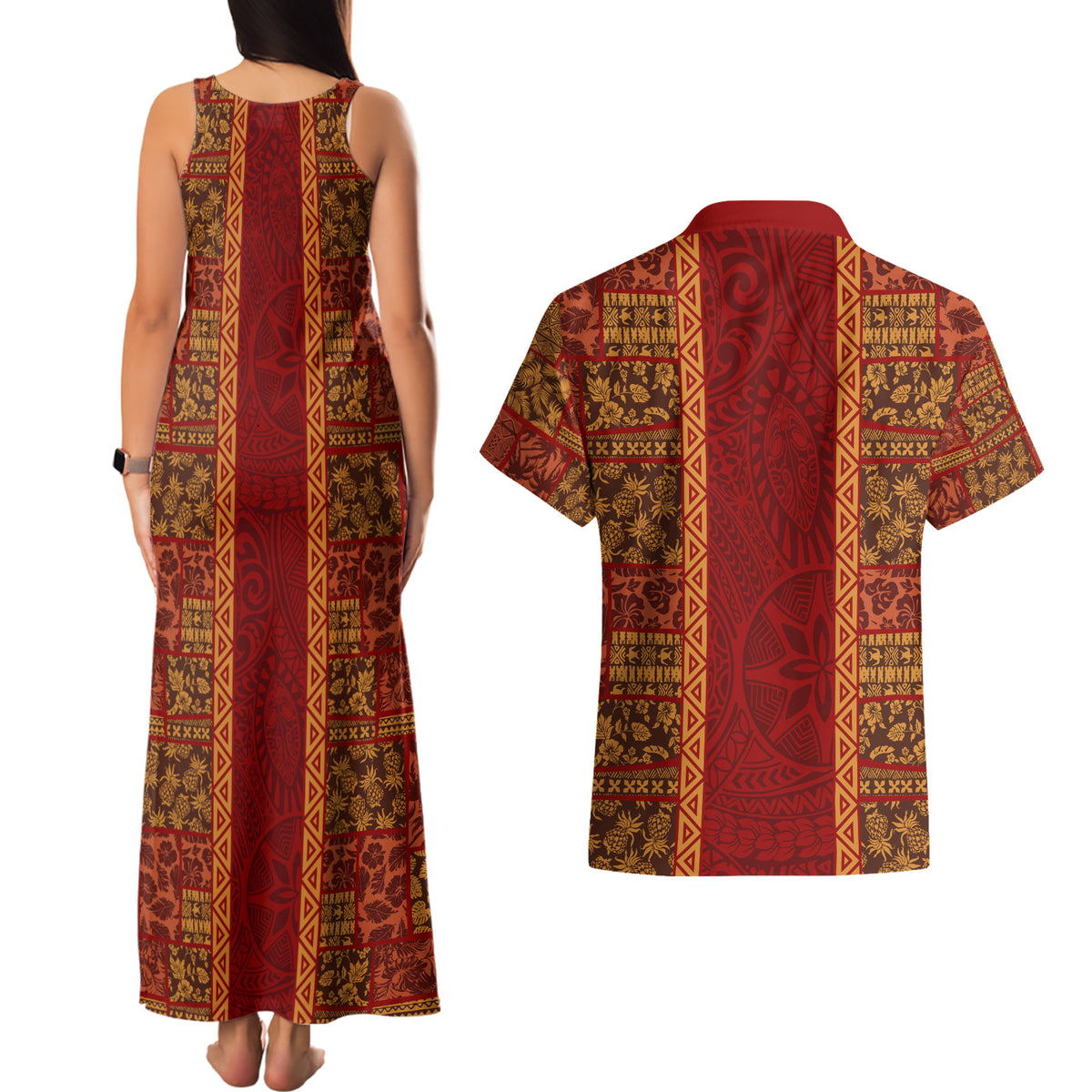 Hawaii Style Hibiscus and Tribal Element Fabric Patchwork Couples Matching Tank Maxi Dress and Hawaiian Shirt LT03 - Polynesian Pride