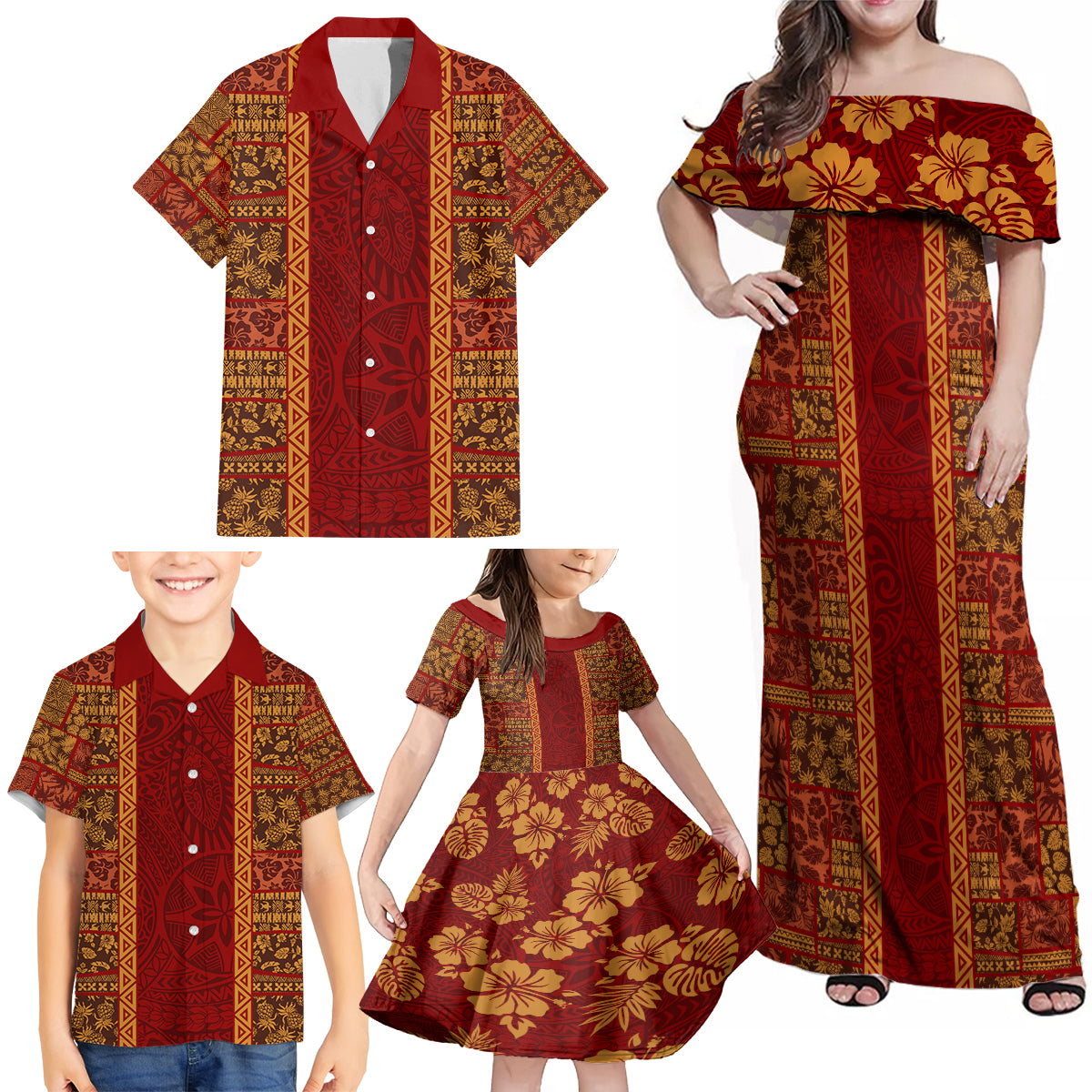 Hawaii Style Hibiscus and Tribal Element Fabric Patchwork Family Matching Off Shoulder Maxi Dress and Hawaiian Shirt LT03 - Polynesian Pride