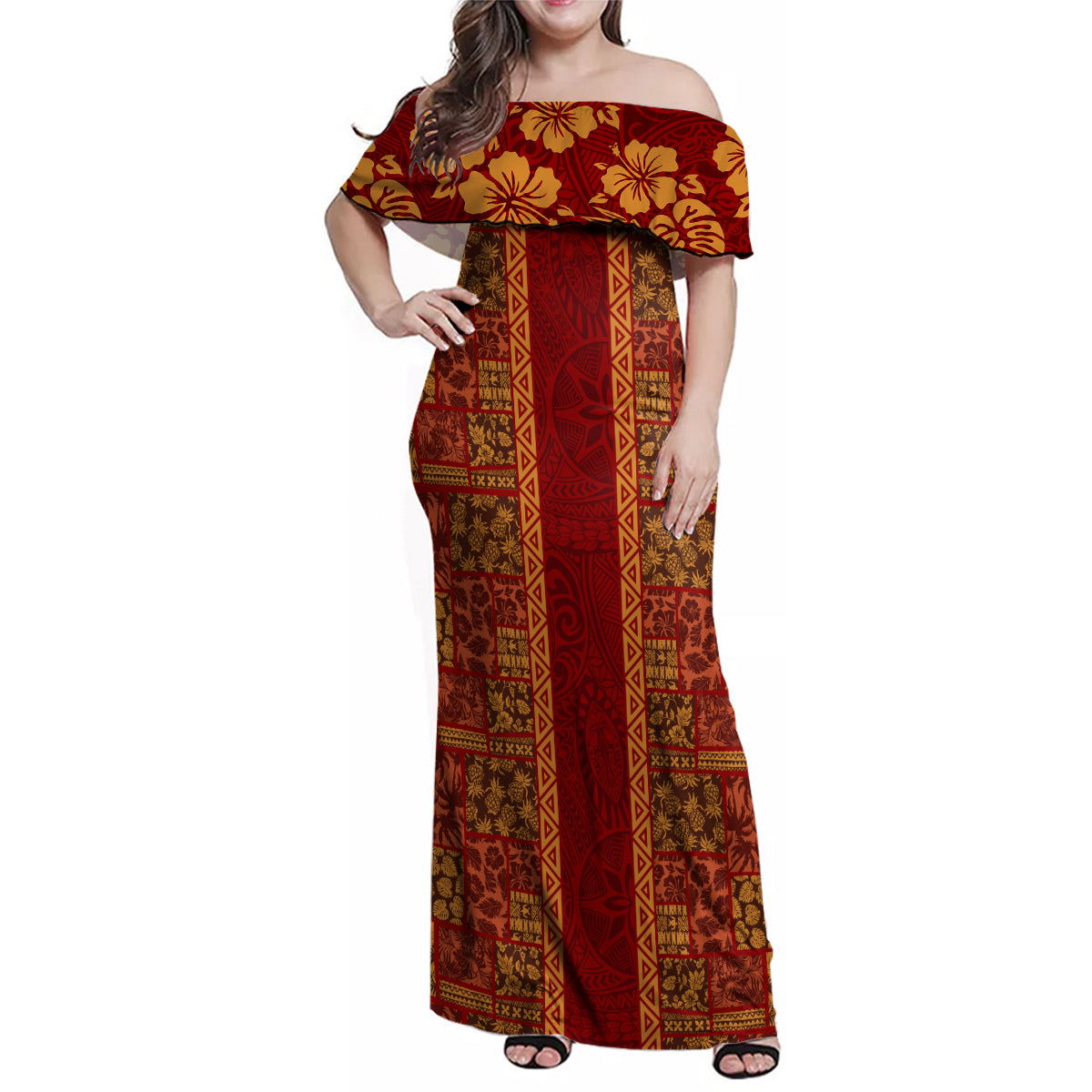 Hawaii Style Hibiscus and Tribal Element Fabric Patchwork Family Matching Off Shoulder Maxi Dress and Hawaiian Shirt LT03 Mom's Dress Red - Polynesian Pride