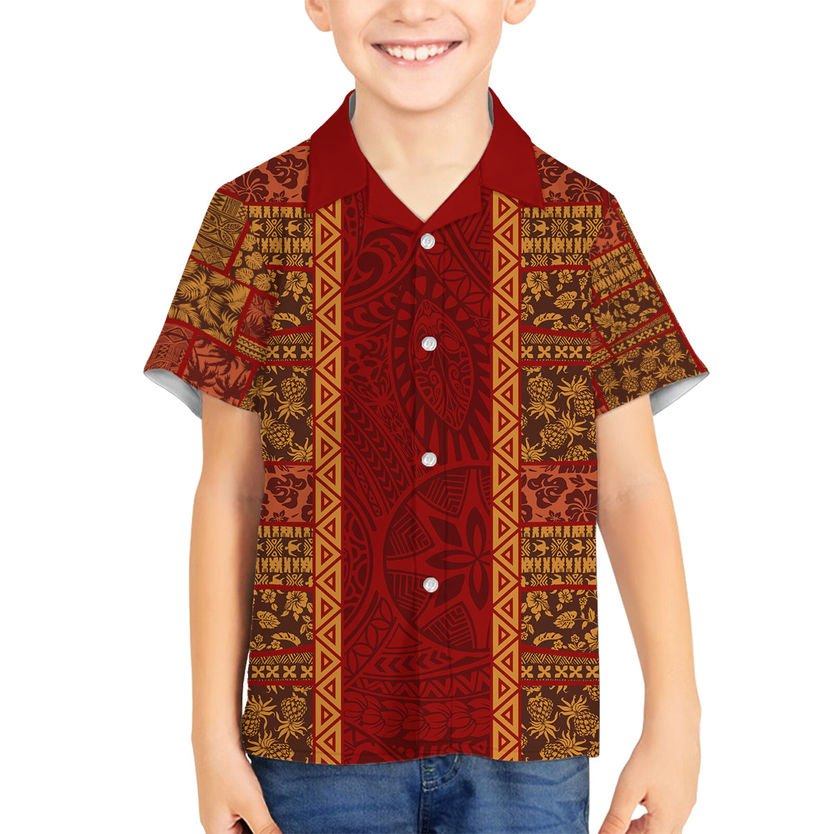 Hawaii Style Hibiscus and Tribal Element Fabric Patchwork Family Matching Off Shoulder Maxi Dress and Hawaiian Shirt LT03 Son's Shirt Red - Polynesian Pride