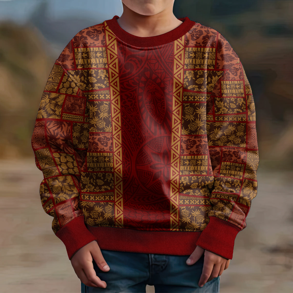 Hawaii Style Hibiscus and Tribal Element Fabric Patchwork Kid Ugly Christmas Sweater LT03 - Polynesian Pride