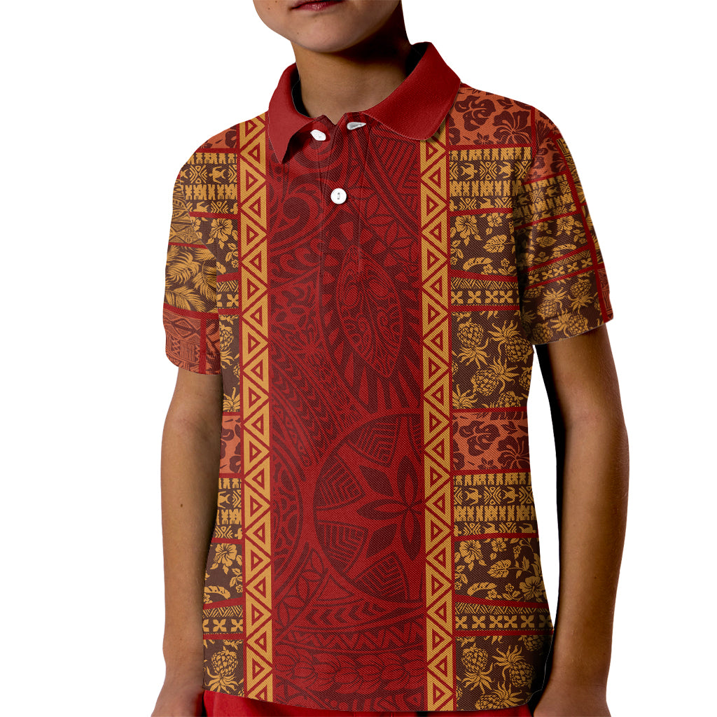 Hawaii Style Hibiscus and Tribal Element Fabric Patchwork Kid Polo Shirt LT03 Kid Red - Polynesian Pride