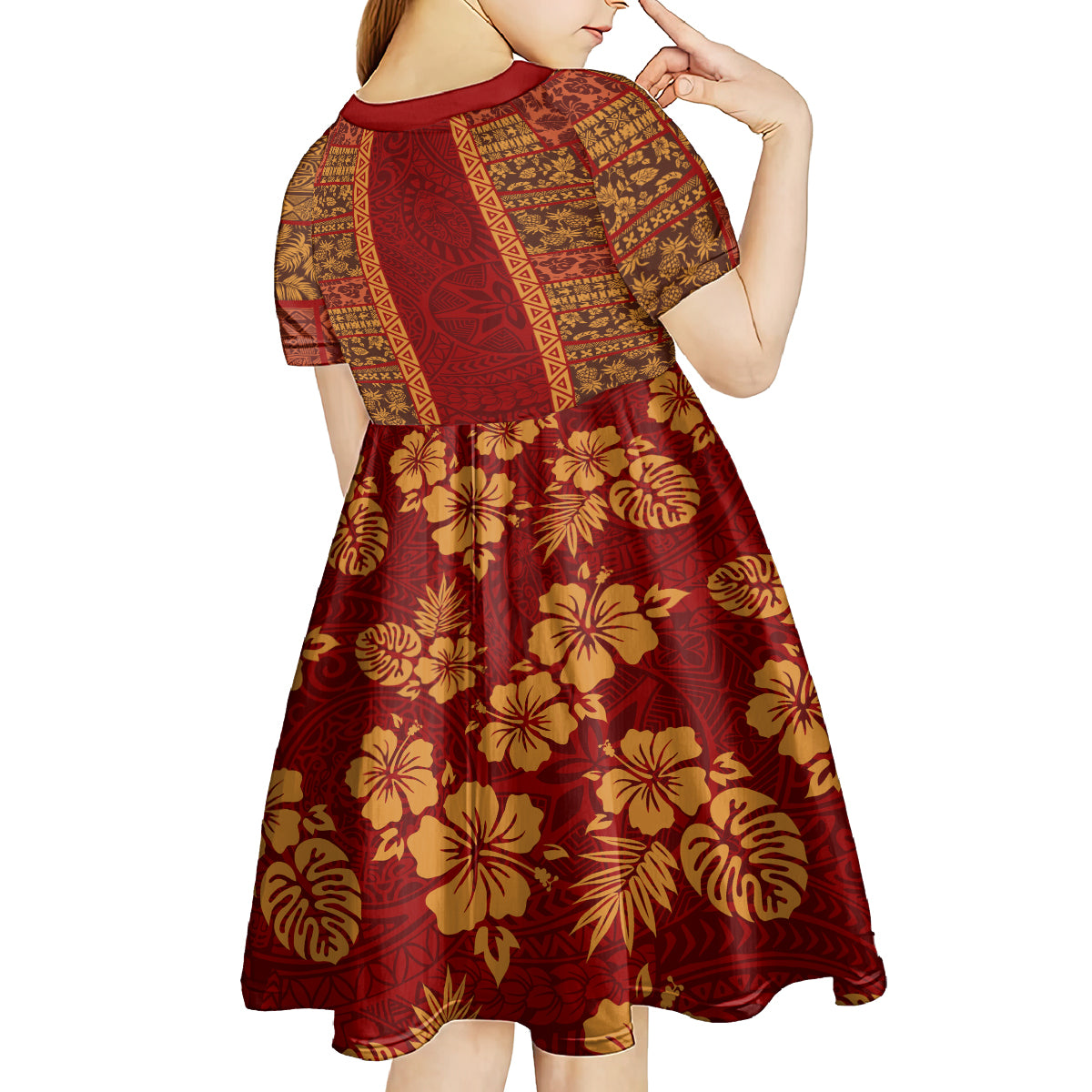 Hawaii Style Hibiscus and Tribal Element Fabric Patchwork Kid Short Sleeve Dress LT03 - Polynesian Pride