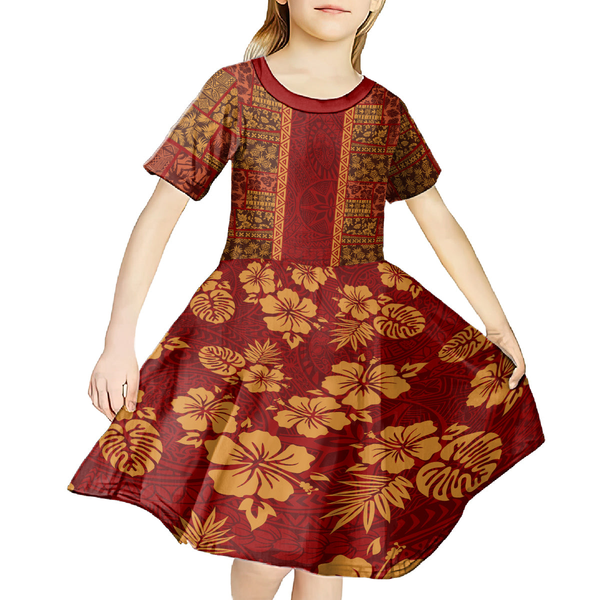 Hawaii Style Hibiscus and Tribal Element Fabric Patchwork Kid Short Sleeve Dress LT03 - Polynesian Pride