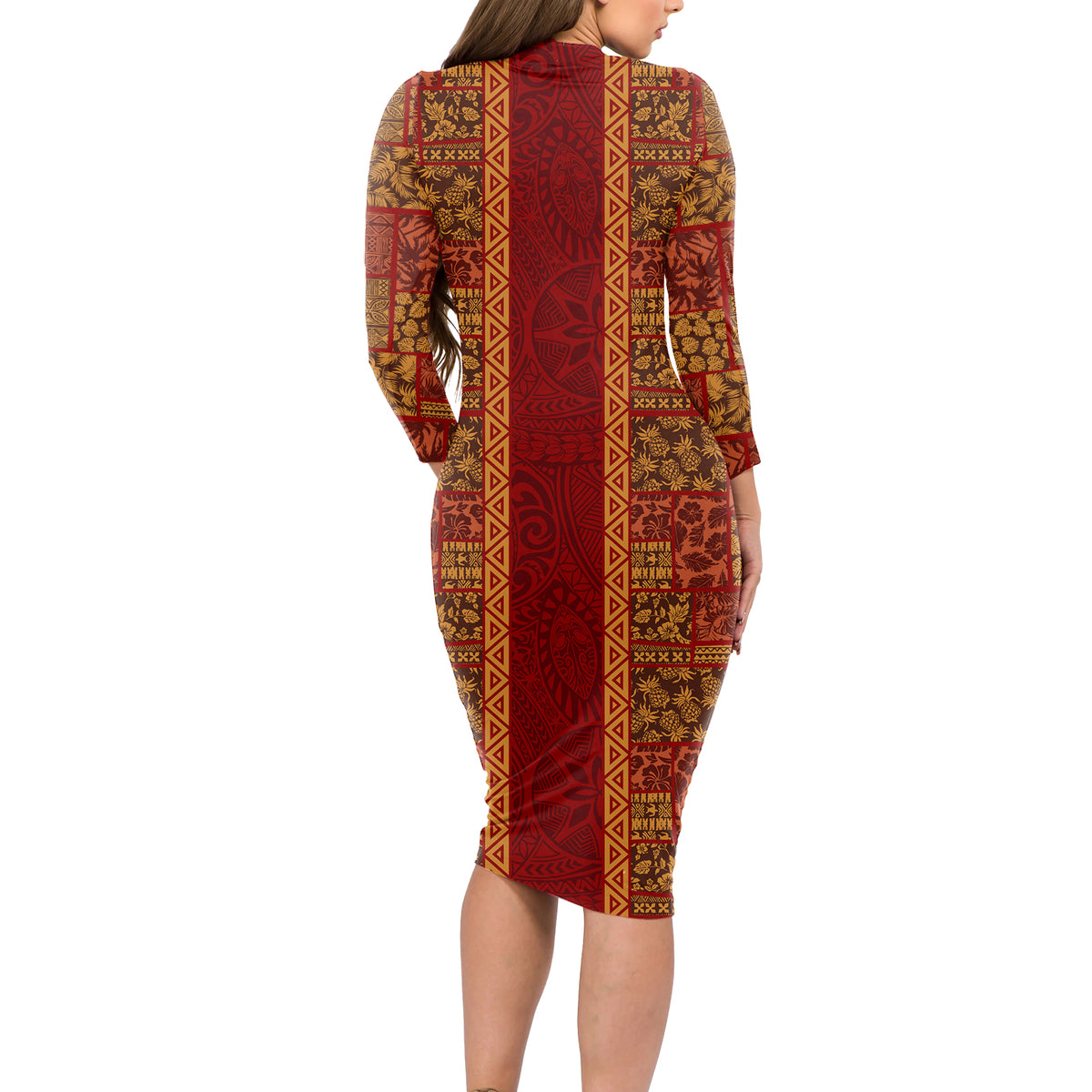 Hawaii Style Hibiscus and Tribal Element Fabric Patchwork Long Sleeve Bodycon Dress LT03 - Polynesian Pride