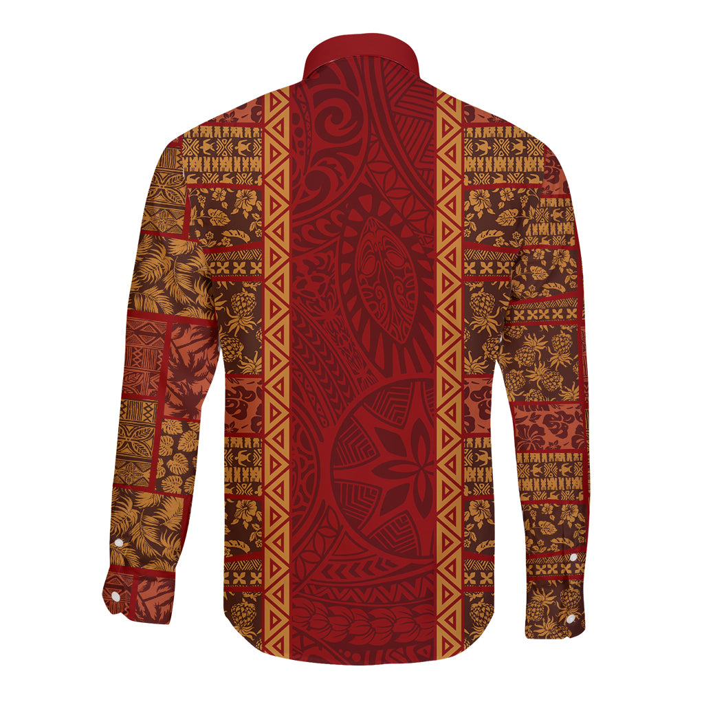 Hawaii Style Hibiscus and Tribal Element Fabric Patchwork Long Sleeve Button Shirt LT03 - Polynesian Pride