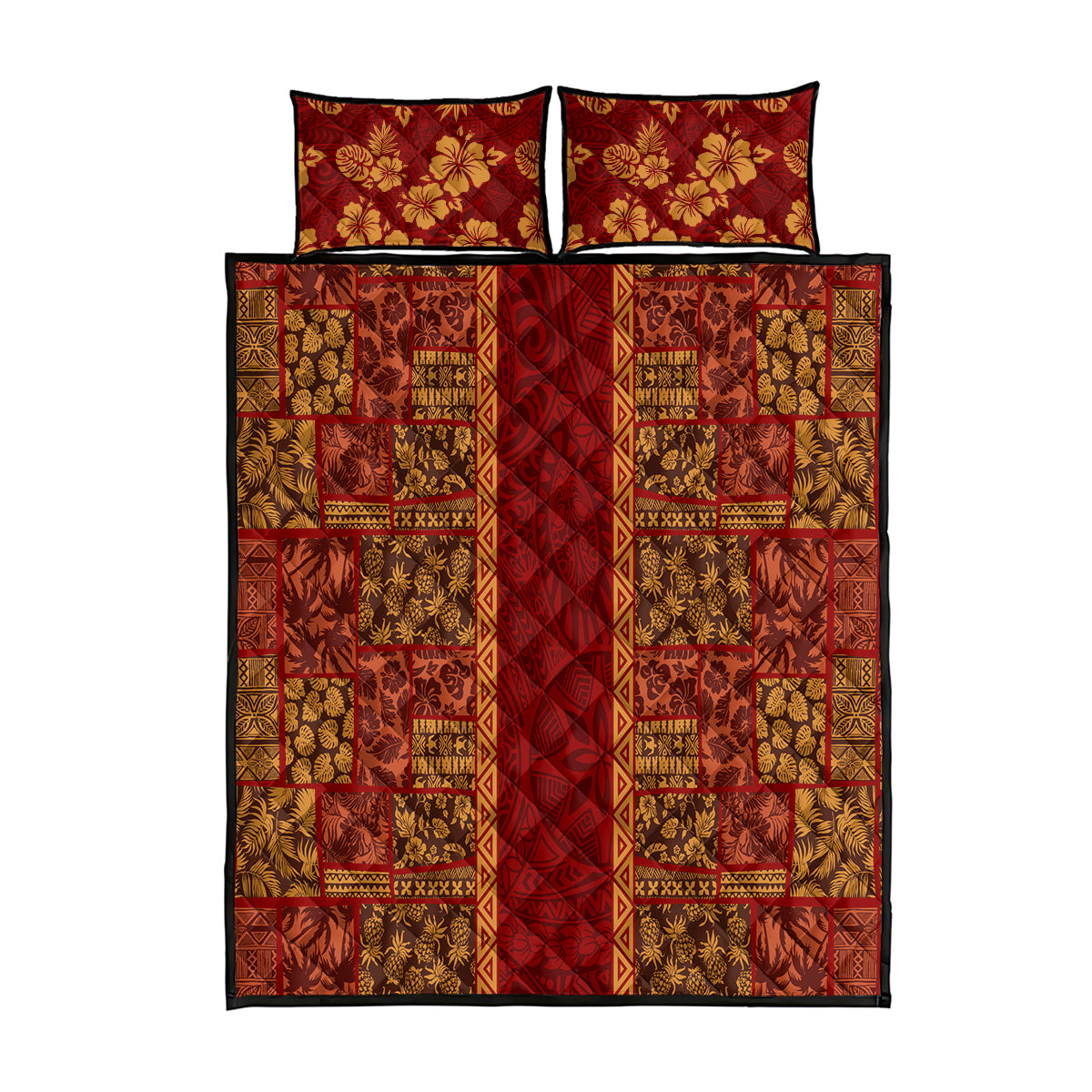 Hawaii Style Hibiscus and Tribal Element Fabric Patchwork Quilt Bed Set LT03 Red - Polynesian Pride