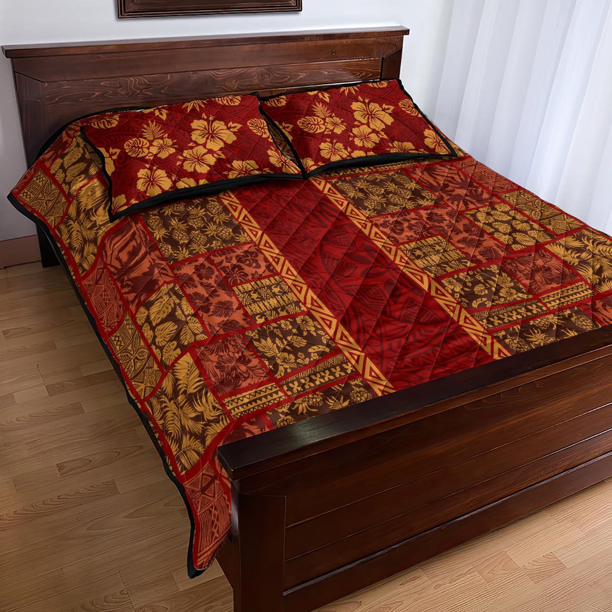 Hawaii Style Hibiscus and Tribal Element Fabric Patchwork Quilt Bed Set LT03 - Polynesian Pride