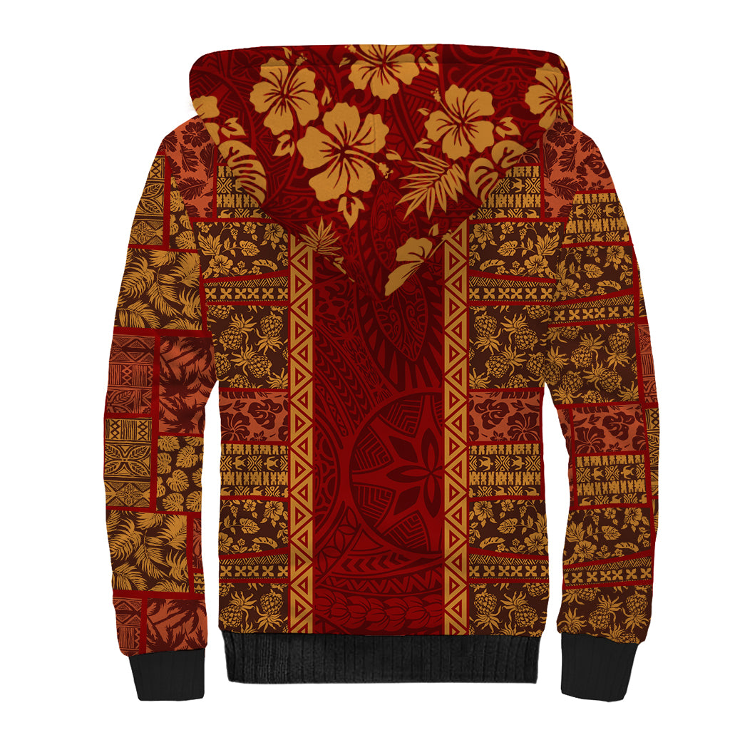 Hawaii Style Hibiscus and Tribal Element Fabric Patchwork Sherpa Hoodie LT03 - Polynesian Pride