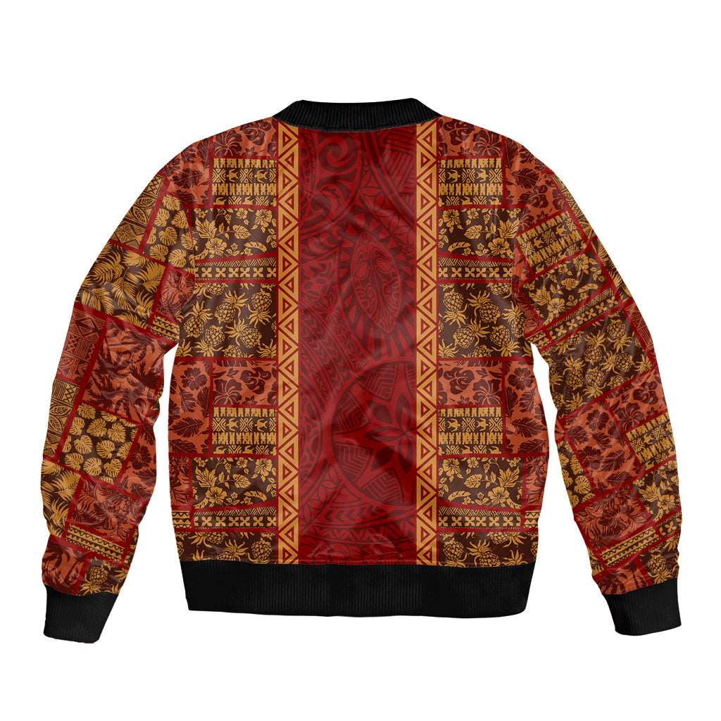 Hawaii Style Hibiscus and Tribal Element Fabric Patchwork Sleeve Zip Bomber Jacket LT03 - Polynesian Pride
