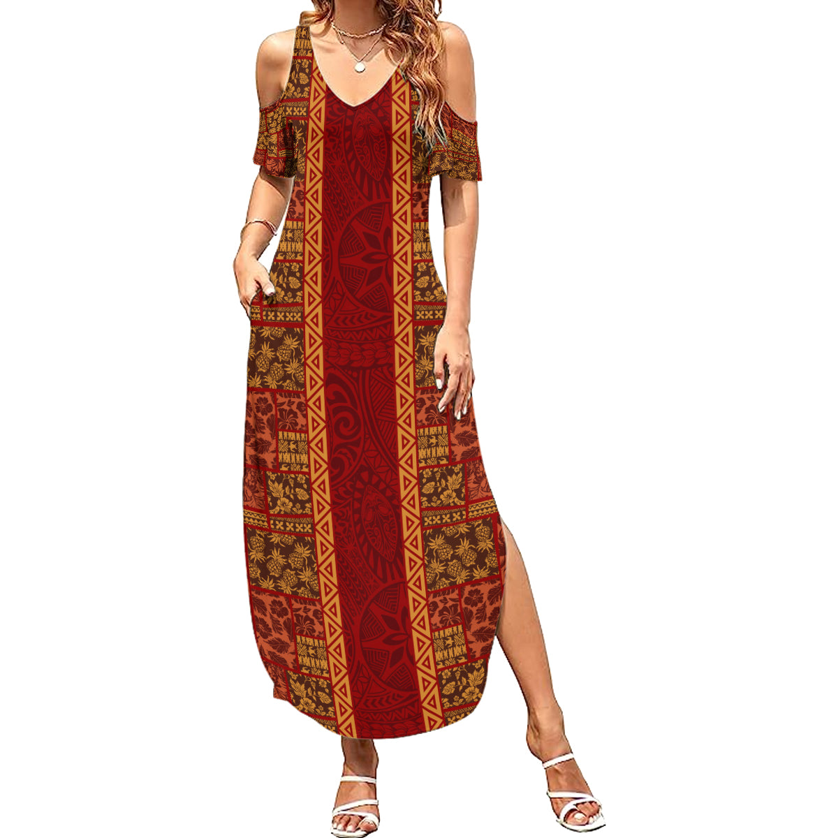 Hawaii Style Hibiscus and Tribal Element Fabric Patchwork Summer Maxi Dress LT03 Women Red - Polynesian Pride
